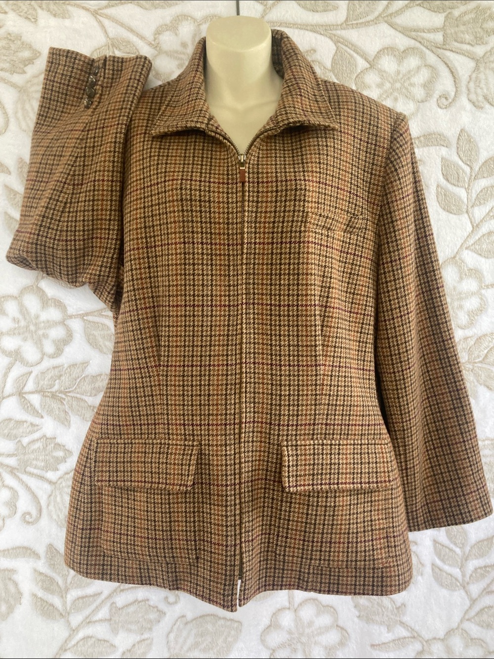 Lauren Ralph Lauren Vintage Brown Plaid Zip Up Wool Jacket Equestrian Horse 18W